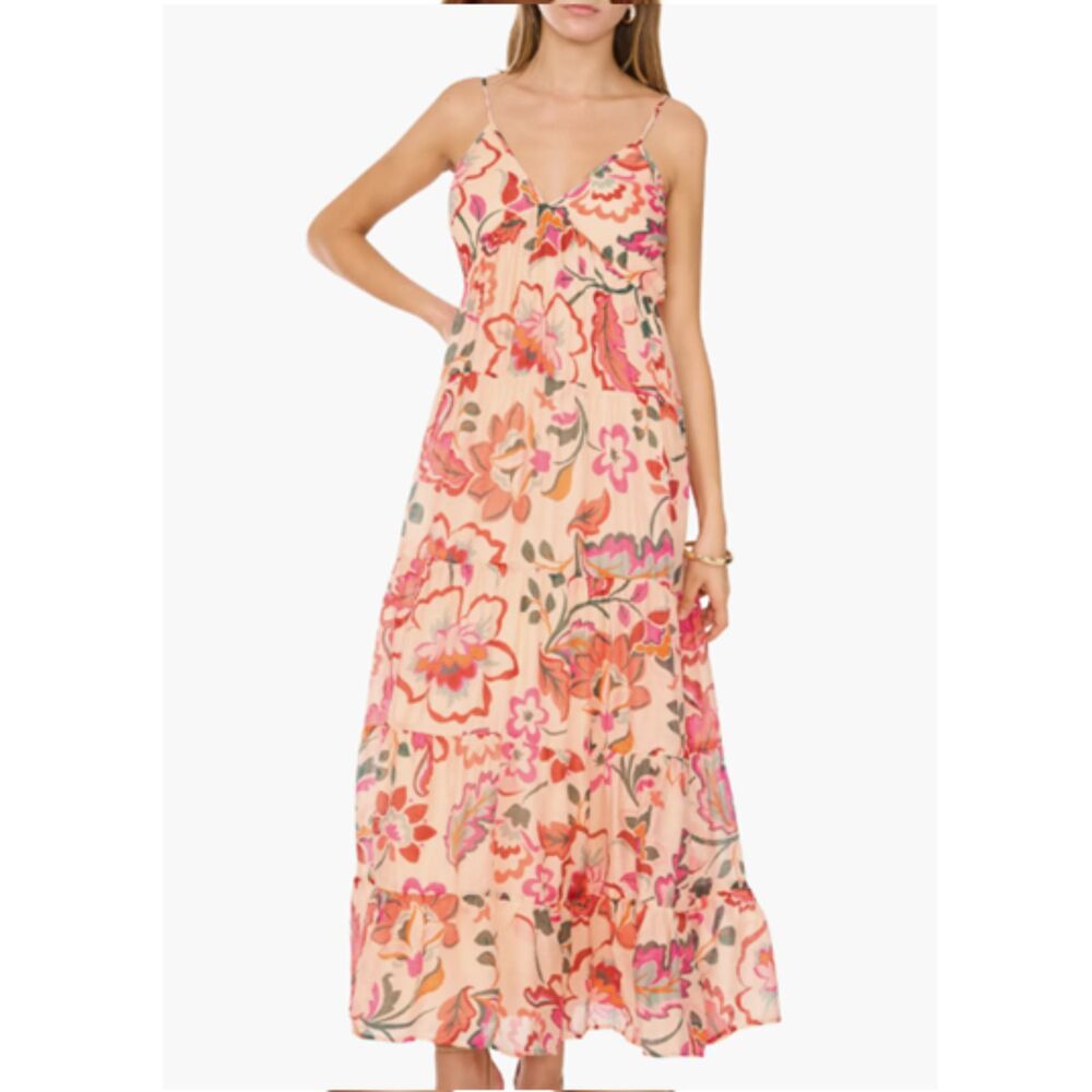Halogen Floral Tiered Maxi Dress Orange Pink Cream Strappy Small Cottagecore